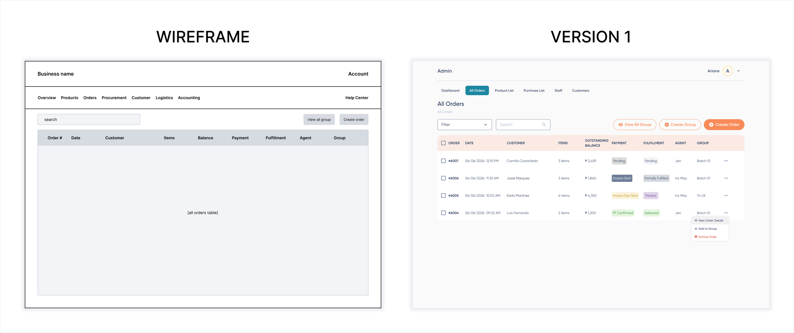 All orders page - low fidelity wireframe to high fidelity version 1
